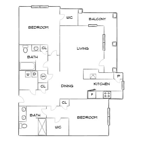 Elegant floor plan featuring 2 bedrooms, 2 bathrooms, an open living and dining area, a modern kitchen, and a balcony for outdoor relaxation.