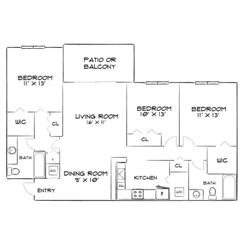 Inviting floor plan with three spacious bedrooms, open living room, and a cozy dining area adjacent to a modern kitchen. Includes two full baths and a patio or balcony.