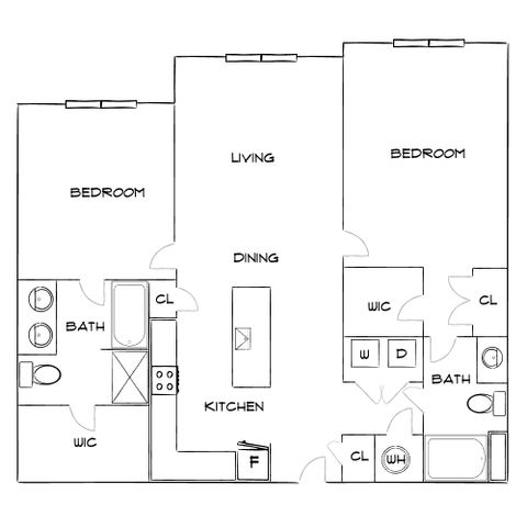 Elegant floor plan showcasing 2 bedrooms with walk-in closets, spacious living and dining area, modern kitchen, and dual bathrooms. Perfect for comfortable living.