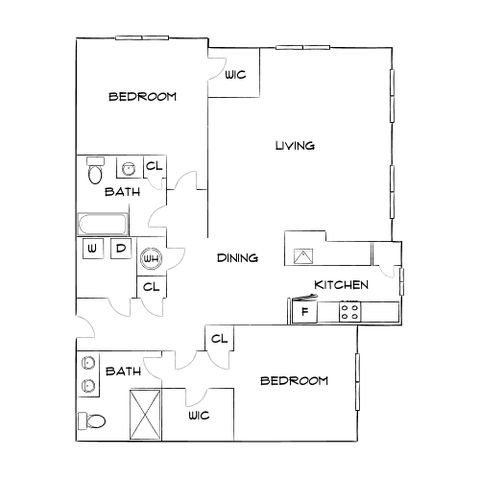 Contemporary floor plan featuring 2 bedrooms, spacious living and dining area, well-equipped kitchen, and 2 bathrooms with laundry space.