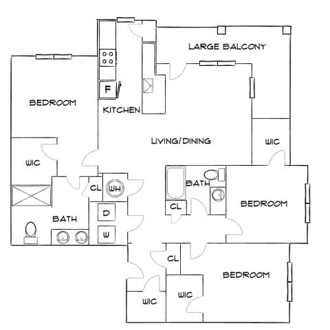 Modern floor plan featuring 3 bedrooms, spacious living and dining area, large balcony, and well-equipped kitchen.