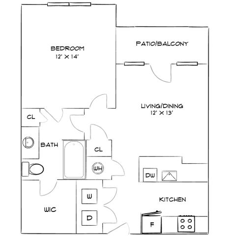 Contemporary floor plan showcasing a spacious bedroom, living/dining area leading to a patio/balcony, modern kitchen, and well-equipped bathroom.