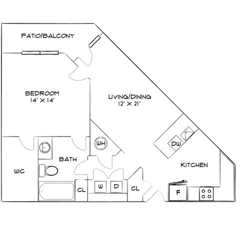 Elegant floor plan showcasing a 1-bedroom apartment with spacious living/dining area, modern kitchen, and a private patio/balcony.