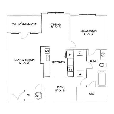 Charming floor plan featuring 1 bedroom, a cozy den, a spacious living room, and a modern kitchen with patio access.