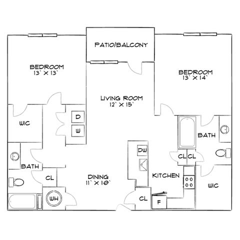 Elegant floor plan with 2 spacious bedrooms, open living and dining area, modern kitchen, and a charming patio/balcony.