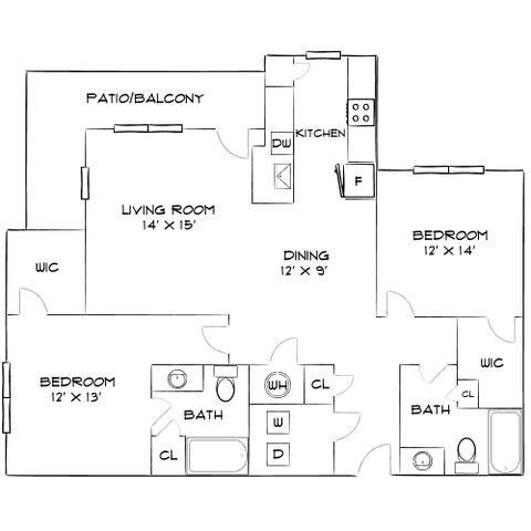 Elegant floor plan showcasing 2 bedrooms, 2 baths, spacious living room, dining area, and cozy kitchen with patio access.