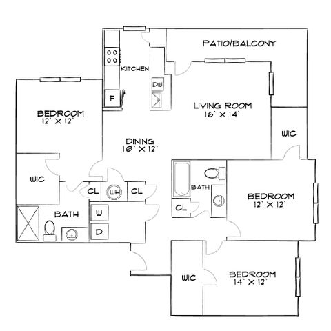 Elegant floor plan featuring 3 spacious bedrooms, open-concept living room, dining area, and a modern kitchen with access to a patio/balcony.