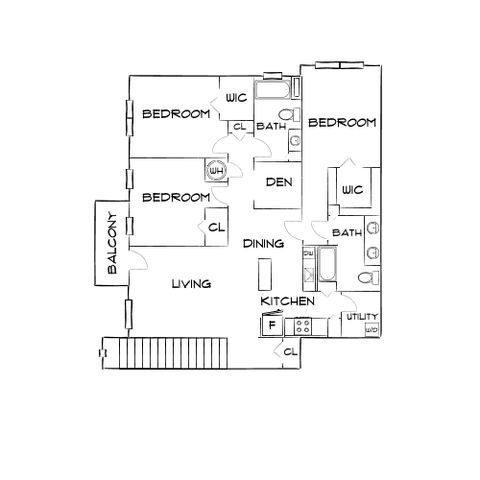 Modern floor plan featuring 3 bedrooms, an open living area, kitchen with dining space, and balcony access.