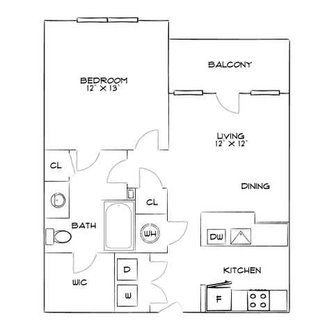 Elegant 1-bedroom apartment floor plan with a spacious living and dining area, modern kitchen, and private balcony.