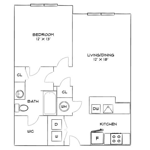 Modern apartment floor plan featuring 1 bedroom, a spacious living/dining area, and a well-equipped kitchen with appliances.