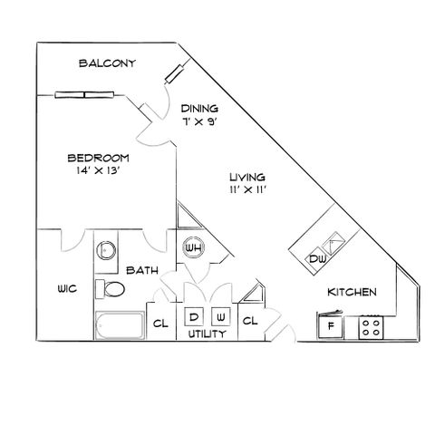 Modern floor plan featuring a spacious bedroom with walk-in closet, open living and dining area, stylish kitchen, and private balcony.