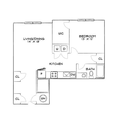 Charming and efficient floor plan featuring 1 bedroom, open-concept living/dining area, modern kitchen, and spacious bath.