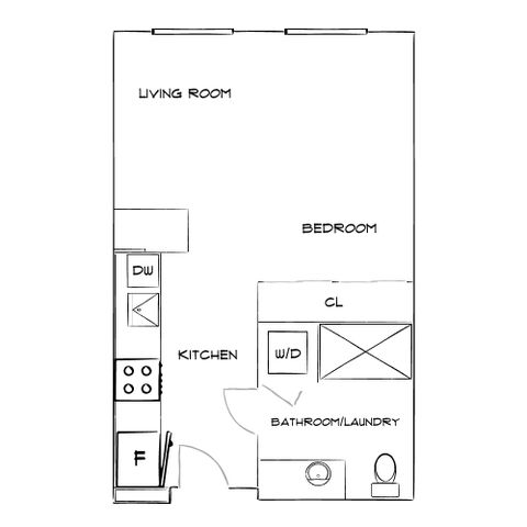 Contemporary floor plan showcasing a spacious living room, modern kitchen with dishwasher, cozy bedroom, and convenient bathroom/laundry area.