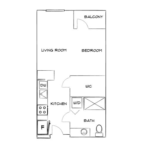 Chic apartment floor plan with 1 bedroom, open-concept kitchen and living room, walk-in closet, bathroom, and charming balcony.