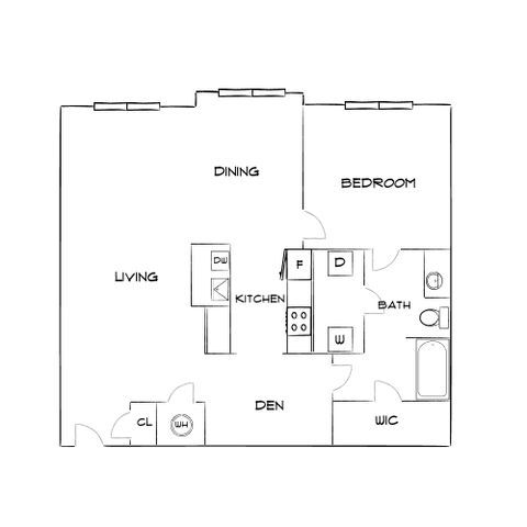 Contemporary floor plan showcasing a spacious layout with one bedroom, an open living and dining area, kitchen, den, and a luxurious bathroom with walk-in closet.