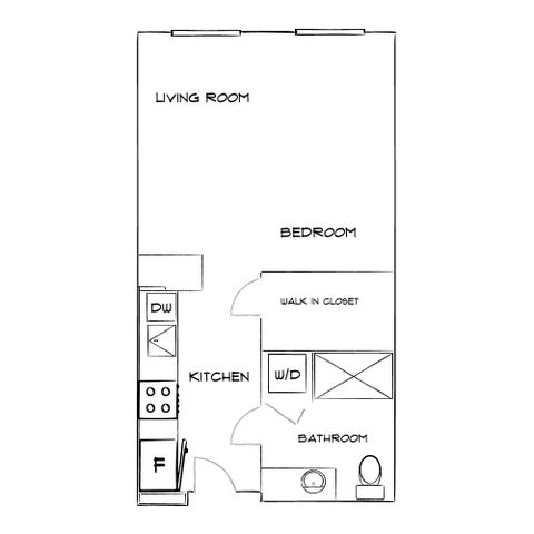Modern floor plan with a spacious living room, cozy bedroom, walk-in closet, and efficient kitchen layout with appliances.