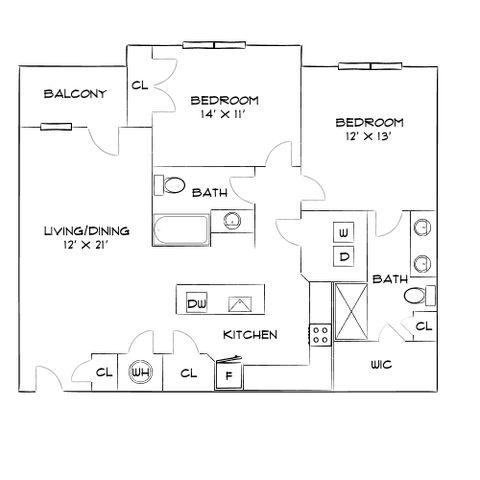 Efficient floor plan featuring 2 spacious bedrooms, a modern kitchen, open living/dining area, and a cozy balcony.