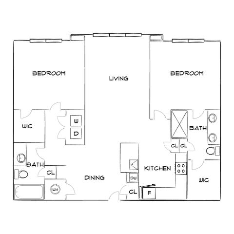 Modern floor plan showcasing 2 spacious bedrooms, open living and dining areas, and a functional kitchen. Amenities include two bathrooms and walk-in closets, ideal for stylish living.