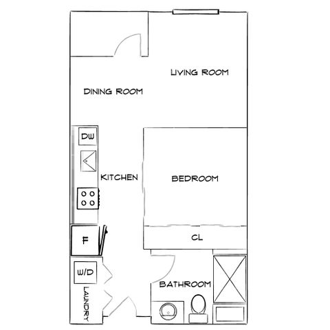 Efficient floor plan showcasing a cozy 1-bedroom layout with integrated kitchen, dining area, and spacious living room.