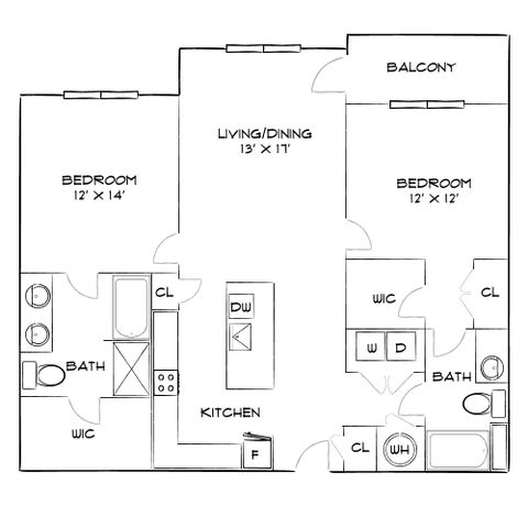 Modern 2-bedroom floor plan featuring open living/dining area, balcony, and two full baths with walk-in closets.