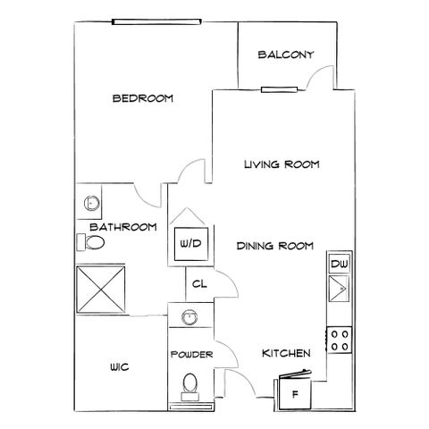 Modern apartment floor plan showcasing a spacious bedroom, functional kitchen, and open dining and living area with balcony access.