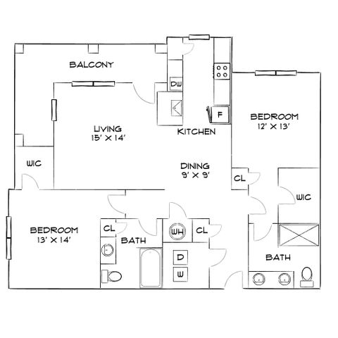 Inviting floor plan showcasing a 2-bedroom layout with a spacious living area, modern kitchen, and two bathrooms, complemented by a charming balcony.