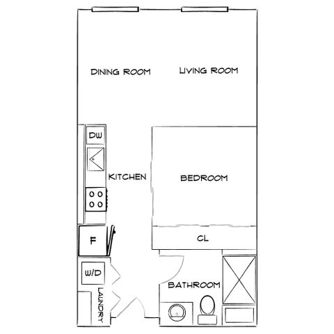 Modern floor plan showcasing an open-concept living and dining room, a cozy bedroom, well-equipped kitchen, and a convenient laundry area.