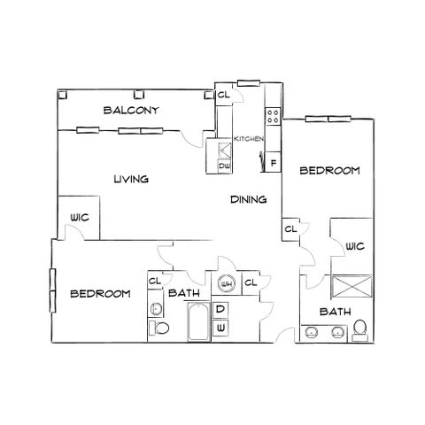 Spacious 2D floor plan featuring 2 bedrooms, elegant living area with balcony, modern kitchen, and 2 luxurious baths.