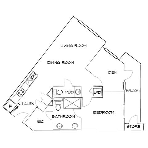Chic floor plan showcasing a modern layout with a bedroom, den, open-concept living and dining area, kitchen, and private balcony.