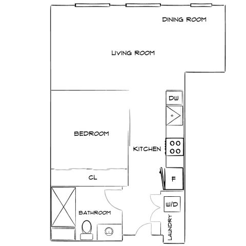 Modern floor plan featuring 1 bedroom, spacious living and dining room, cozy kitchen, and convenient laundry area.