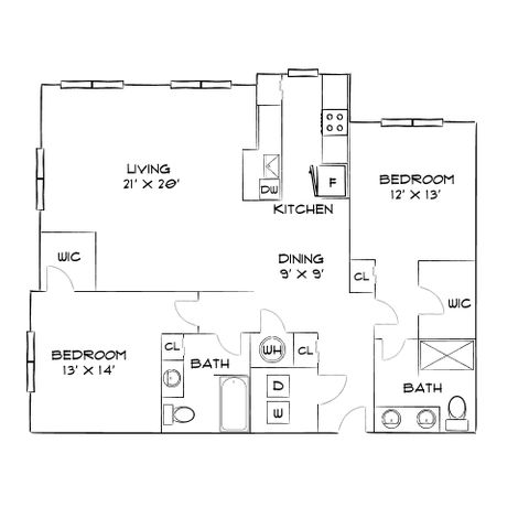Contemporary floor plan with 3 bedrooms, expansive living area, modern kitchen, and two bathrooms.