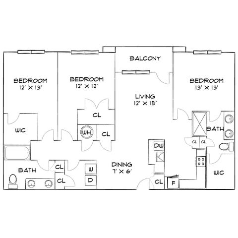 Chic floor plan showcasing 3 spacious bedrooms, a modern living area, open dining space, two bathrooms, and a private balcony.