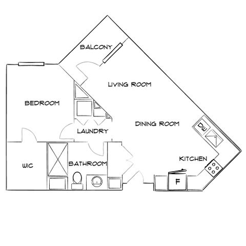 Contemporary floor plan featuring a spacious bedroom with walk-in closet, an open living and dining area, modern kitchen, private balcony, and convenient laundry space.