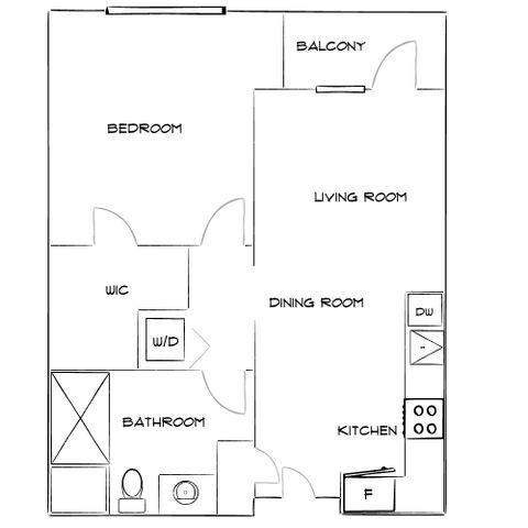 Contemporary 1-bedroom floor plan featuring a spacious living and dining area, modern kitchen, bathroom, and inviting balcony.