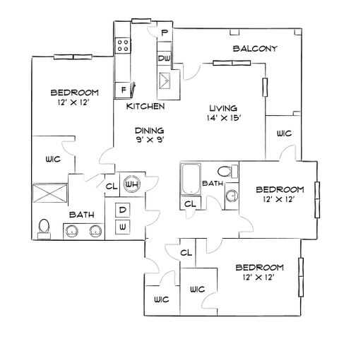 Elegant and spacious floor plan featuring 3 bedrooms, a modern kitchen, open living area, dining space, and a charming balcony.