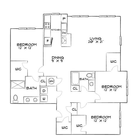 Modern 2D floor plan featuring 3 spacious bedrooms, a large living area, and an open kitchen layout with dining space.