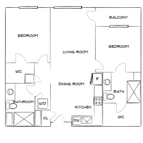 Modern floor plan depicting 2 spacious bedrooms with walk-in closets, an inviting living room, separate dining area, well-equipped kitchen, and a private balcony.