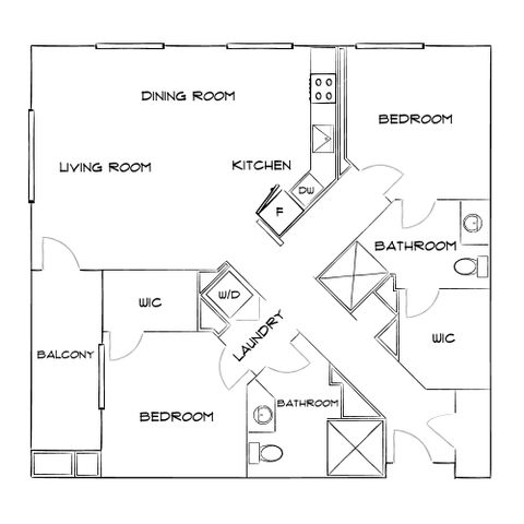 Modern floor plan featuring 2 bedrooms, a spacious living and dining area, open kitchen, laundry room, 2 bathrooms, and a private balcony.