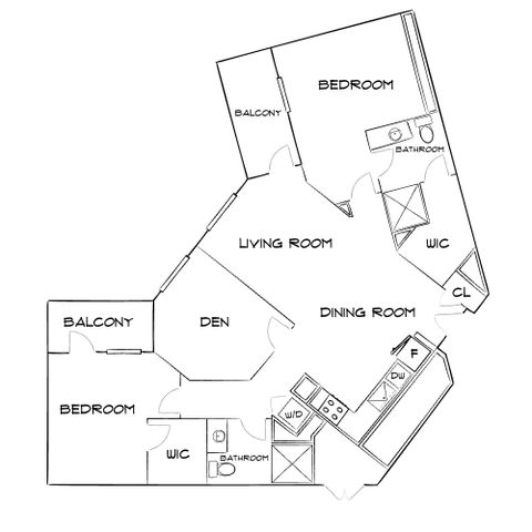 Elegant floor plan showcasing two spacious bedrooms, a den, two balconies, and an open living and dining area with a modern kitchen.