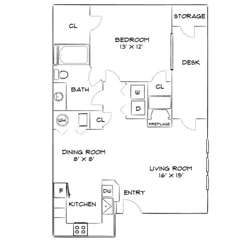 Charming apartment floor plan featuring a bedroom with storage and desk, a cozy living room with fireplace, dining area, and well-equipped kitchen.