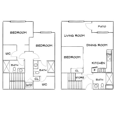Elegant floor plan showcasing two levels with 3 bedrooms, spacious living and dining areas, modern kitchen, patio, and ample storage space.