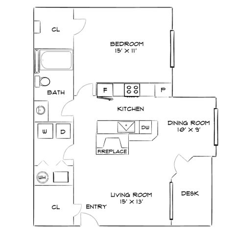 Contemporary floor plan featuring a spacious bedroom, open kitchen with a fireplace, dining room, and luxurious bath with washer and dryer setup.