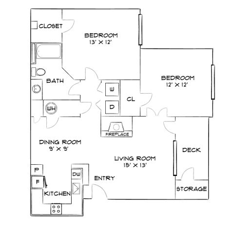 Charming floor plan showcasing 2 bedrooms, a cozy living room with fireplace, and a functional kitchen with dining area. Includes a deck for outdoor relaxation.