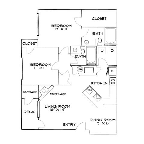 Modern floor plan showcasing 2 bedrooms, 2 baths, elegant living room with fireplace, and a well-equipped kitchen, featuring a deck and dining area.