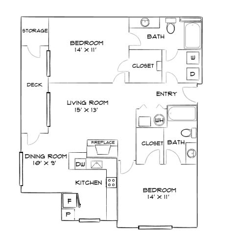 Charming floor plan featuring two bedrooms, two baths, an airy living room with a fireplace, dining room, and functional kitchen with deck access, perfect for modern living.