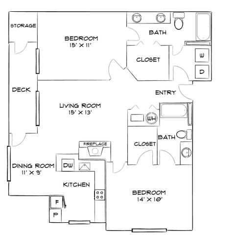 Inviting floor plan featuring 2 bedrooms, a cozy living room with a fireplace, spacious kitchen and dining area, plus a deck and ample storage.