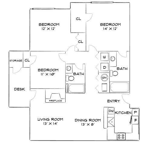 Elegant 2D apartment floor plan featuring 3 spacious bedrooms, a cozy living room with a fireplace, refined dining area, functional kitchen, and 2 modern baths. Includes convenient storage space and dedicated desk area.