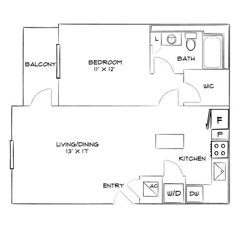 Modern floor plan featuring one bedroom, spacious living/dining area, kitchen, and balcony. Includes bath, WIC, and convenient laundry facilities.