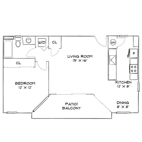 Charming floor plan showcasing a 1-bedroom apartment with a spacious living room, modern kitchen, dining area, and a stylish patio/balcony.