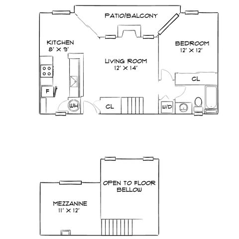 Charming floor plan showcasing a cozy mezzanine, airy living room with patio access, modern kitchen, and ample bedroom.